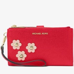 New Michael Kors Adele Floral Appliqué Leather Smartphone Double Zip Wristlet